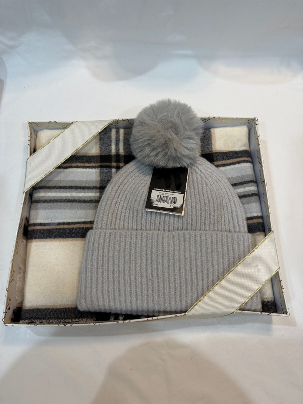 Nine West Light Gray Pom Beanie and Plaid Scarf Gift Set